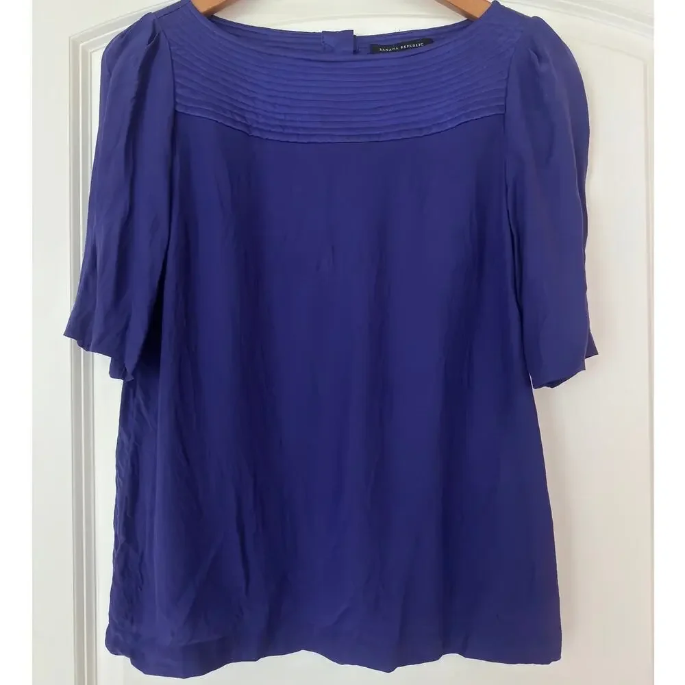 Banana Republic 100% Silk Blouse Pleated Yoke Puff Sleeve Purple Medium